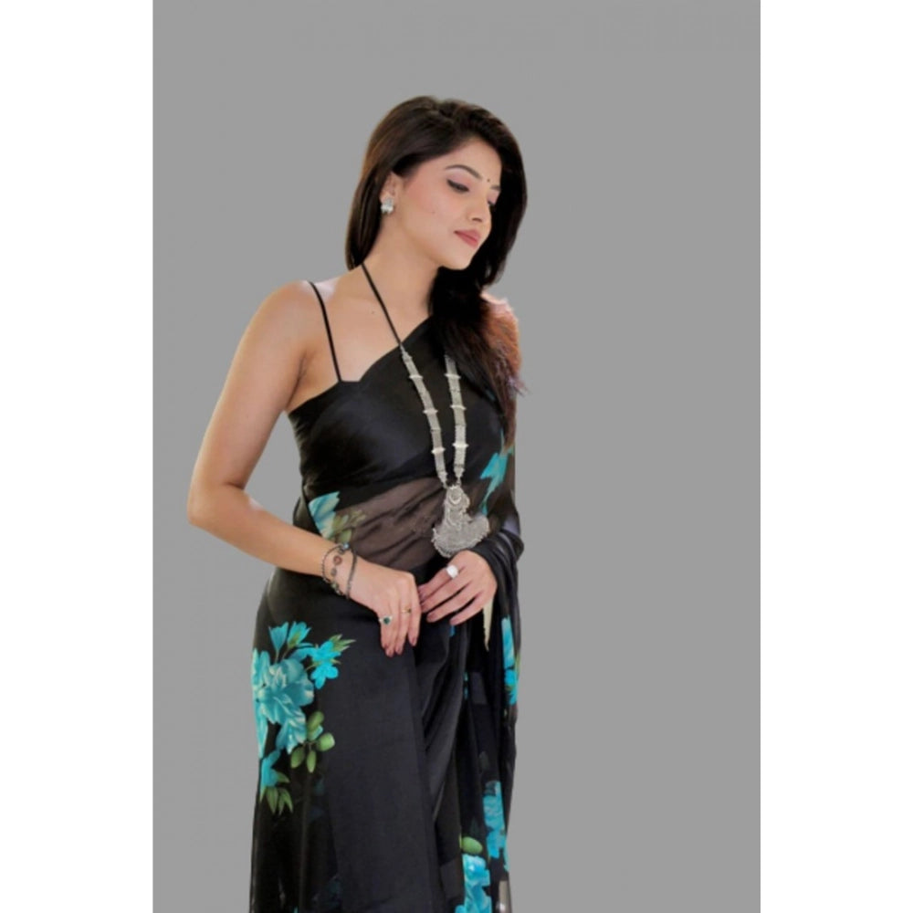 Women's Satin Patta Printed Saree With Unstitched Blouse (Blue) - VANSHELLE
