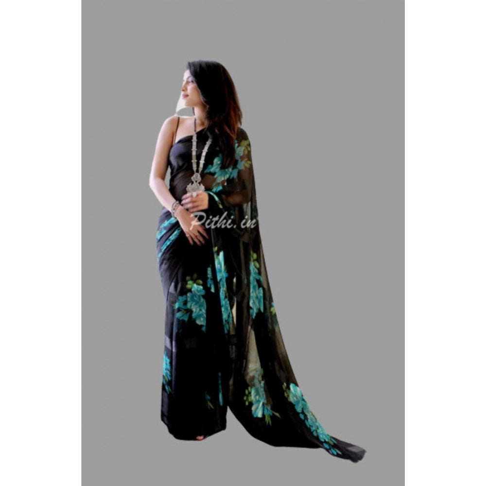 Women's Satin Patta Printed Saree With Unstitched Blouse (Blue) - VANSHELLE