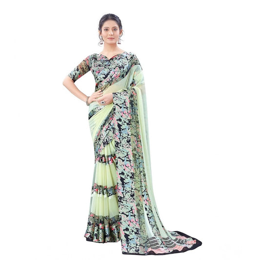 Women's Satin Patta Printed Saree With Unstitched Blouse (Cream) - VANSHELLE
