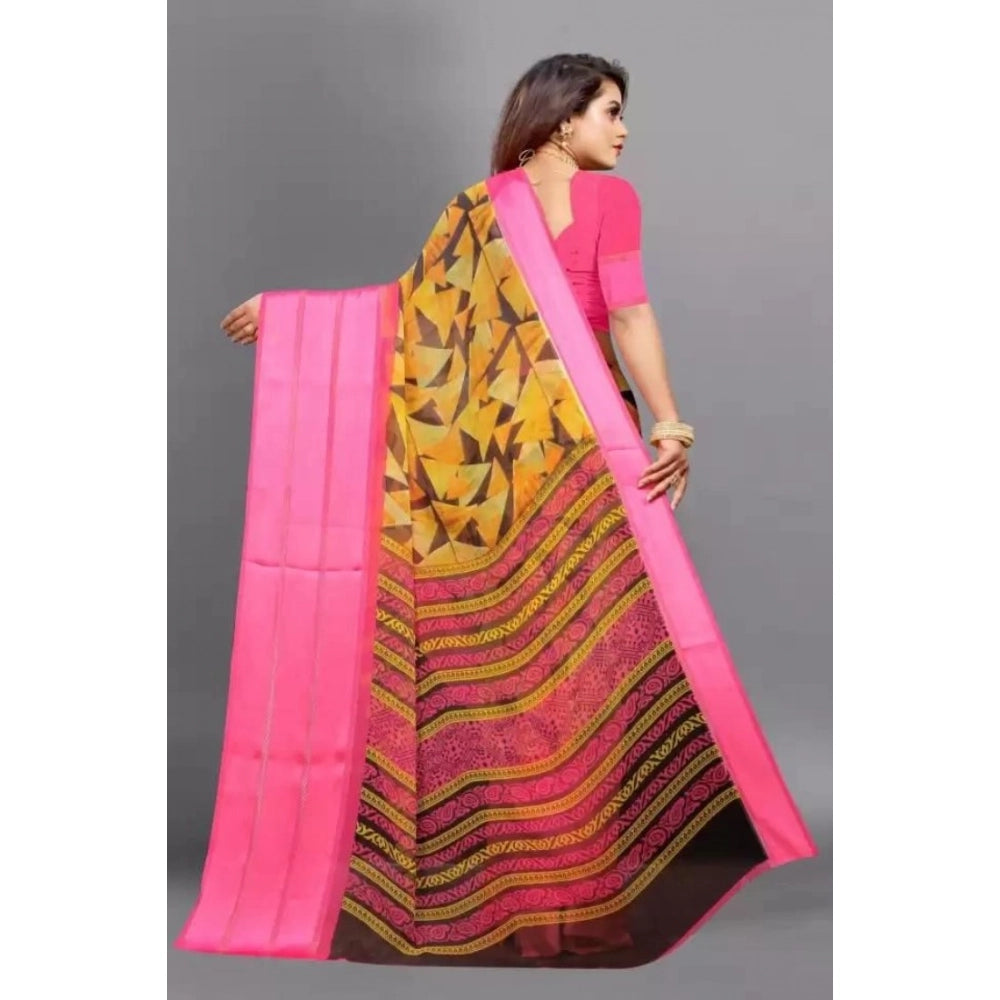 Women's Satin Patta Printed Saree With Unstitched Blouse (Pink) - VANSHELLE
