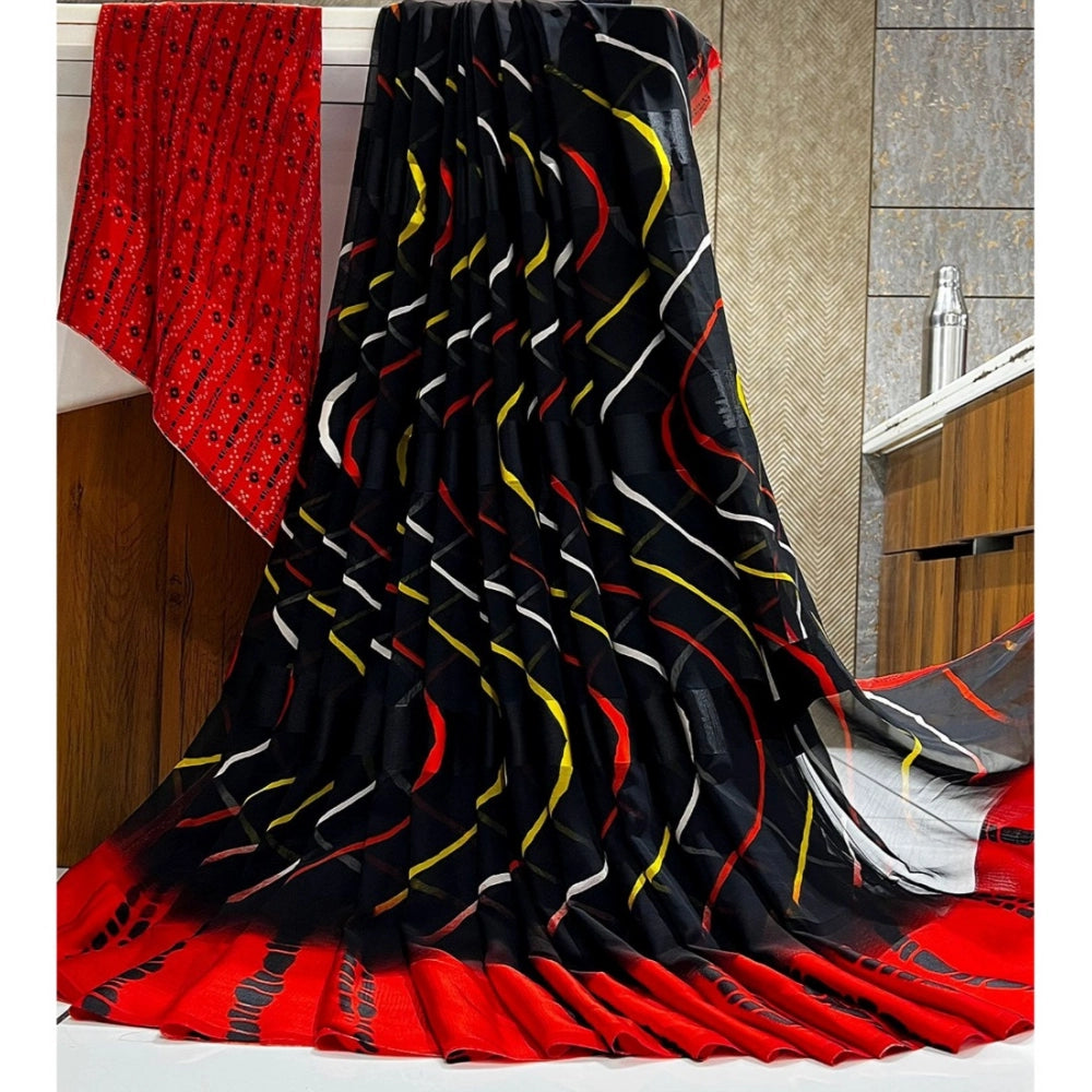 Women's Satin Patta Printed Saree With Unstitched Blouse (Red) - VANSHELLE