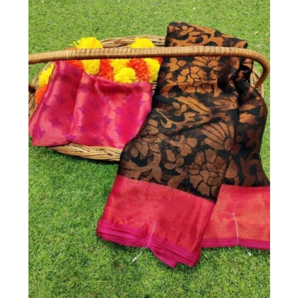 Women's Viscose Rayon Printed Saree With Unstitched Blouse (Black Pink) - VANSHELLE