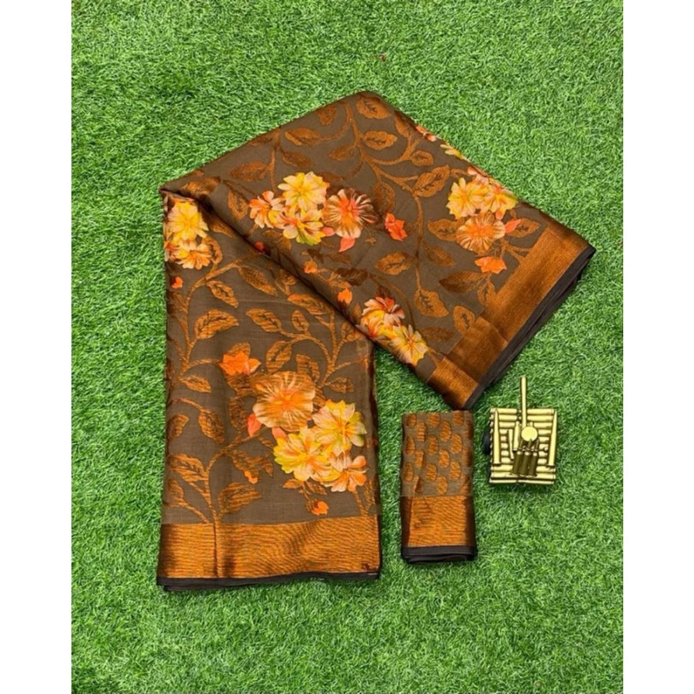 Women's Viscose Rayon Printed Saree With Unstitched Blouse (Brown) - VANSHELLE