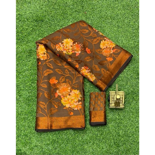 Women's Viscose Rayon Printed Saree With Unstitched Blouse (Brown) - VANSHELLE