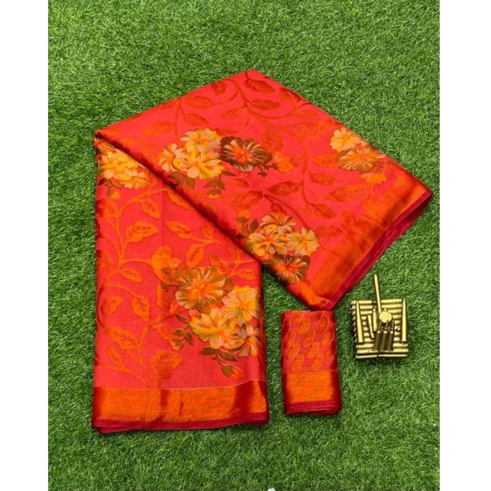 Women's Viscose Rayon Printed Saree With Unstitched Blouse (Red) - VANSHELLE