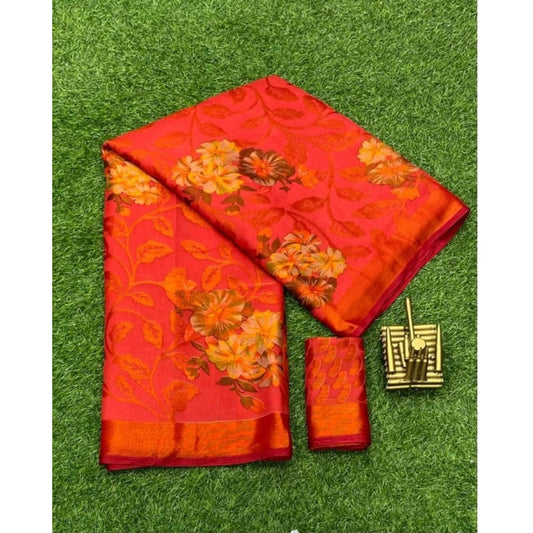 Women's Viscose Rayon Printed Saree With Unstitched Blouse (Red) - VANSHELLE