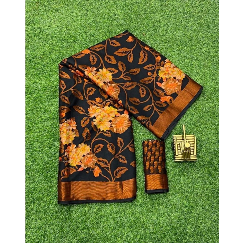 Women's Viscose Rayon Printed Saree With Unstitched Blouse (Black) - VANSHELLE