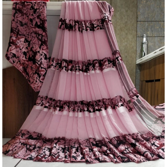 Women's Satin Patta Printed Saree With Unstitched Blouse (Pink) - VANSHELLE