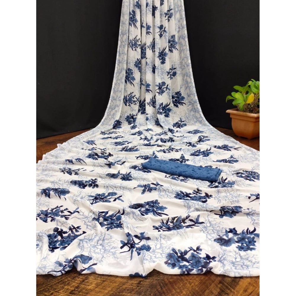 Women's Georgette Printed Saree With Unstitched Blouse (Blue) - VANSHELLE