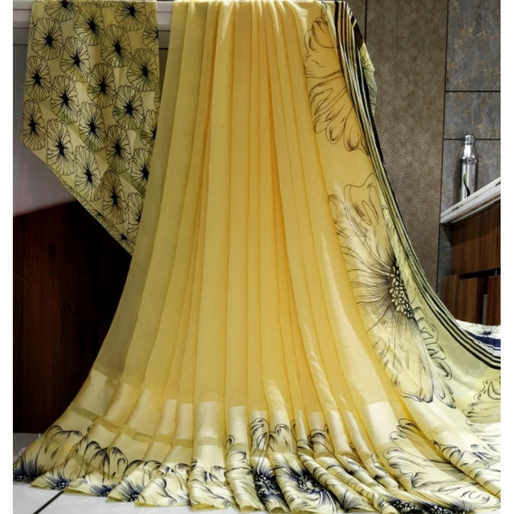 Women's Satin Patta Printed Saree With Unstitched Blouse (Yellow) - VANSHELLE