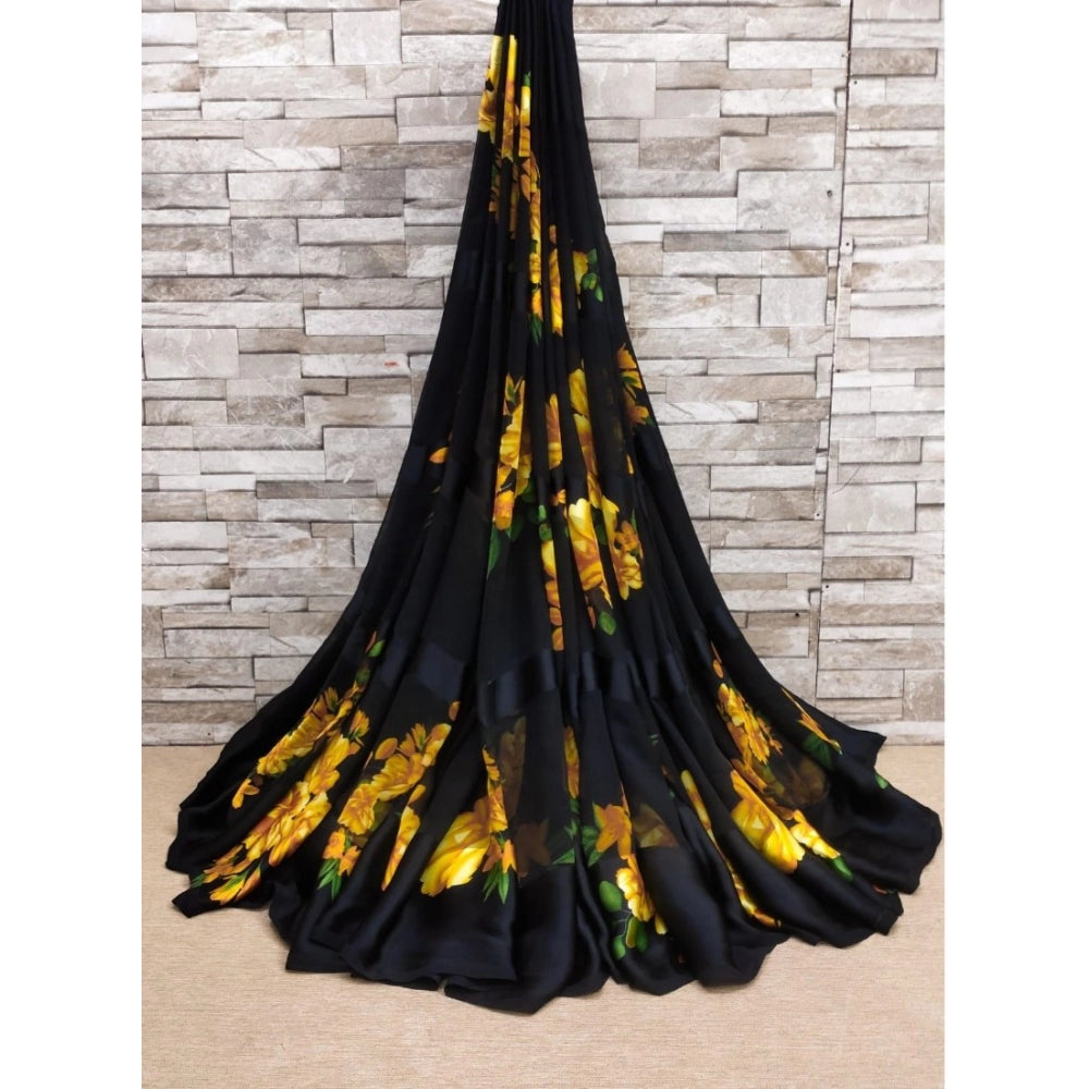 Women's Satin Patta Printed Saree With Unstitched Blouse (Yellow) - VANSHELLE