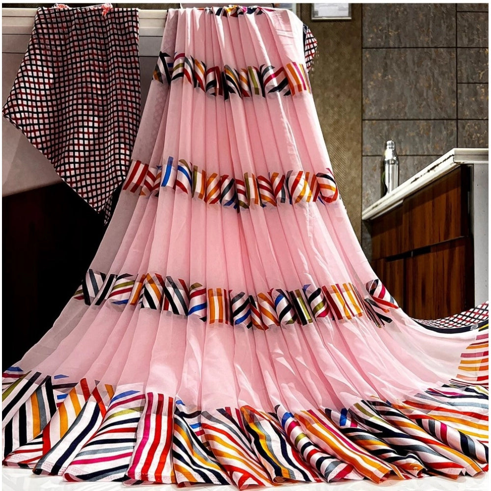 Women's Satin Patta Printed Saree With Unstitched Blouse (Pink) - VANSHELLE