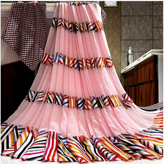 Women's Satin Patta Printed Saree With Unstitched Blouse (Pink) - VANSHELLE