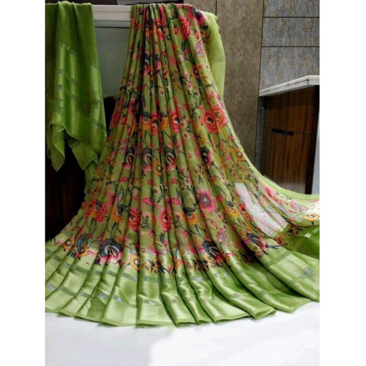 Women's Satin Patta Printed Saree With Unstitched Blouse (Green) - VANSHELLE