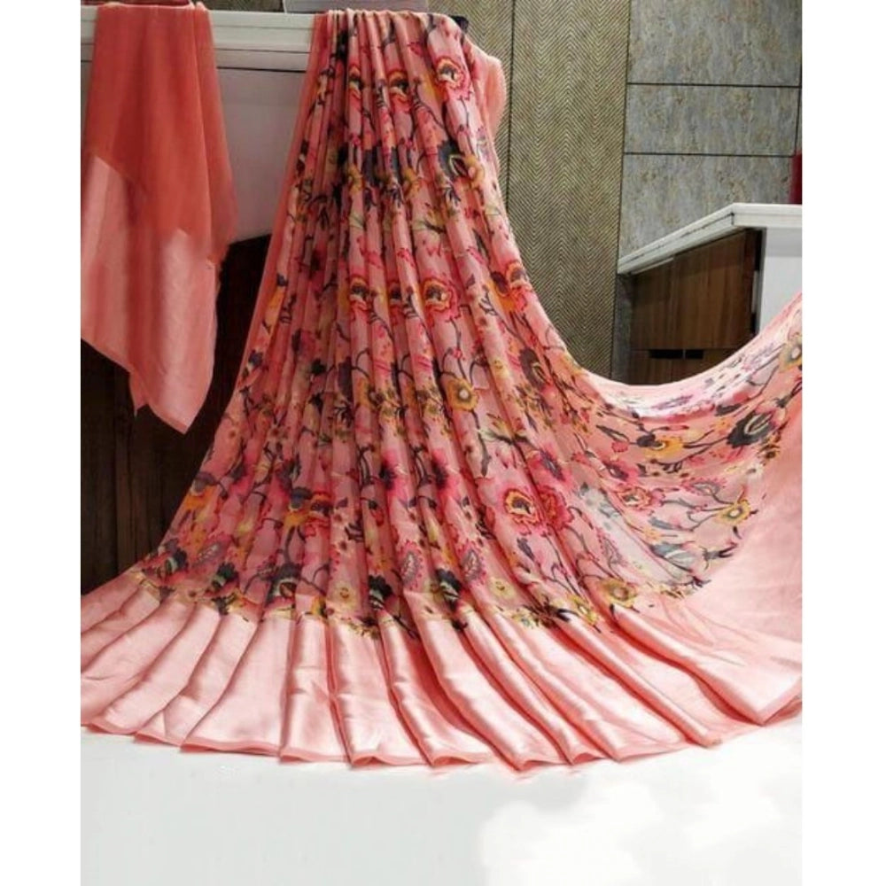 Women's Satin Patta Printed Saree With Unstitched Blouse (Pink) - VANSHELLE