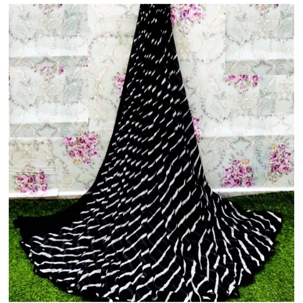Women's Georgette Printed Saree With Unstitched Blouse (Black) - VANSHELLE