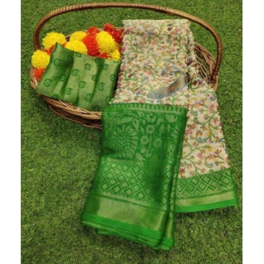 Women's Viscose Rayon Printed Saree With Unstitched Blouse (Green) - VANSHELLE