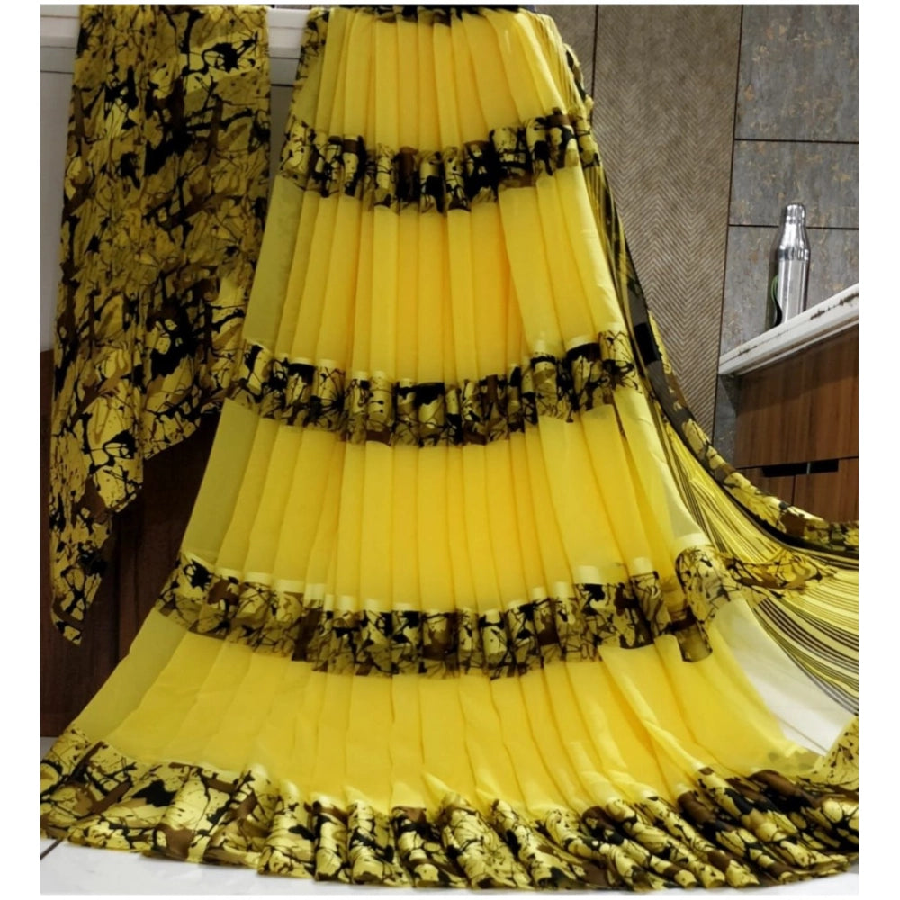 Women's Satin Patta Printed Saree With Unstitched Blouse (Yellow) - VANSHELLE