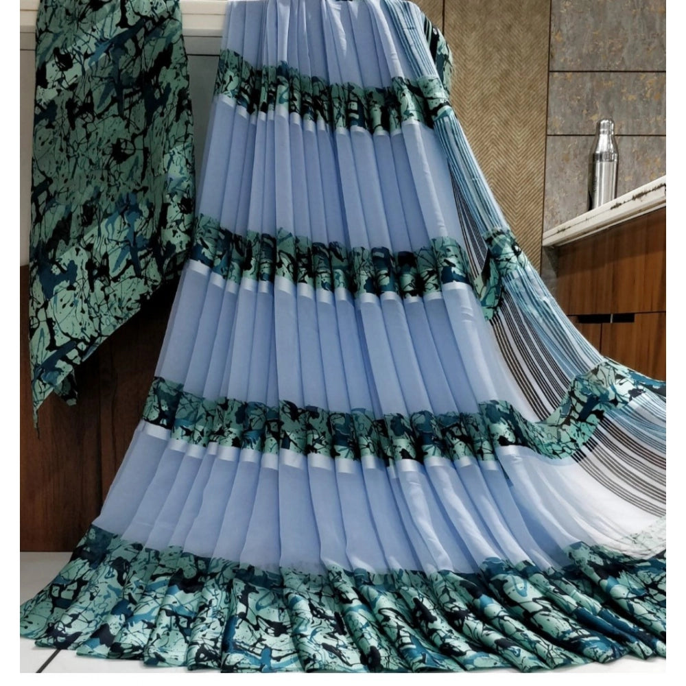 Women's Satin Patta Printed Saree With Unstitched Blouse (Blue) - VANSHELLE
