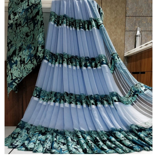 Women's Satin Patta Printed Saree With Unstitched Blouse (Blue) - VANSHELLE