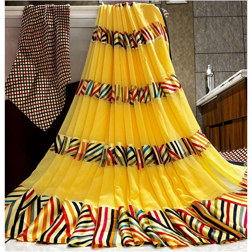 Women's Satin Patta Printed Saree With Unstitched Blouse (Yellow) - VANSHELLE