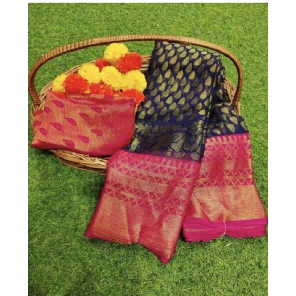 Women's Viscose Rayon Printed Saree With Unstitched Blouse (Navy Blue) - VANSHELLE