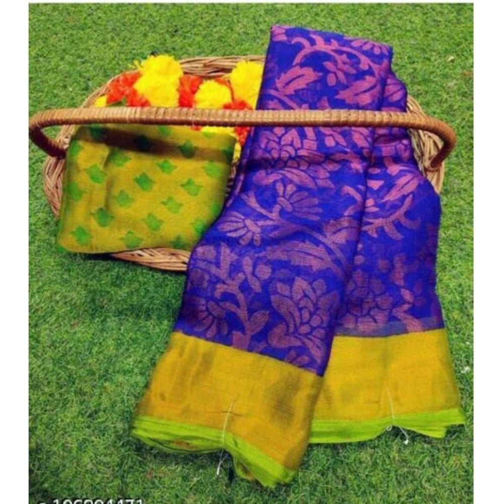 Women's Viscose Rayon Printed Saree With Unstitched Blouse (Royal Blue) - VANSHELLE