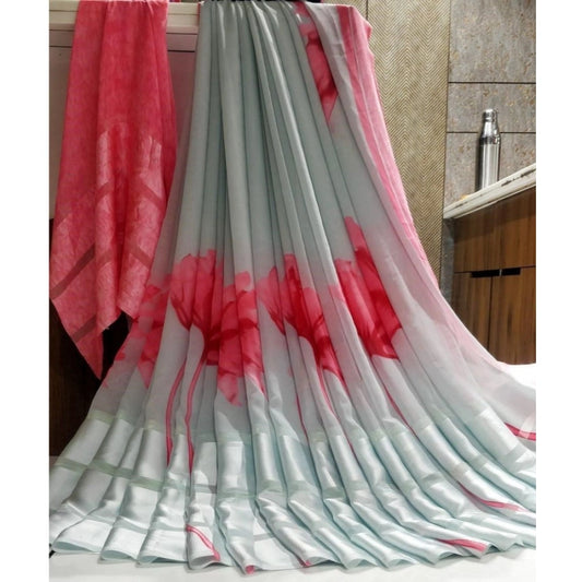 Women's Satin Patta Printed Saree With Unstitched Blouse (Grey) - VANSHELLE
