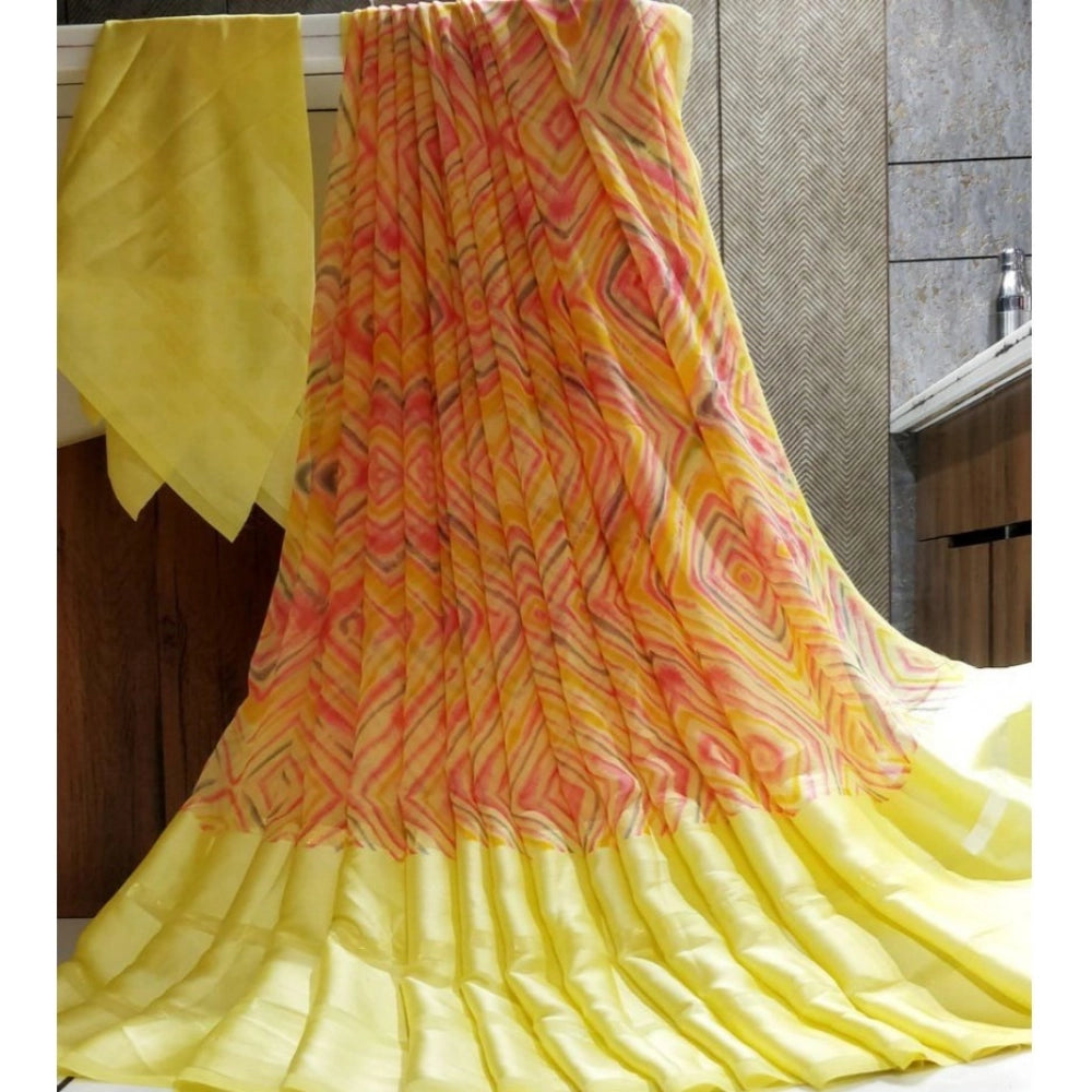 Women's Satin Patta Printed Saree With Unstitched Blouse (Yellow) - VANSHELLE