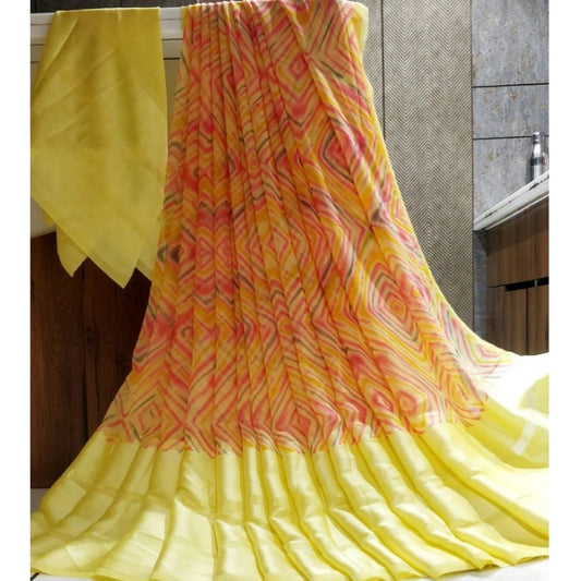 Women's Satin Patta Printed Saree With Unstitched Blouse (Yellow) - VANSHELLE