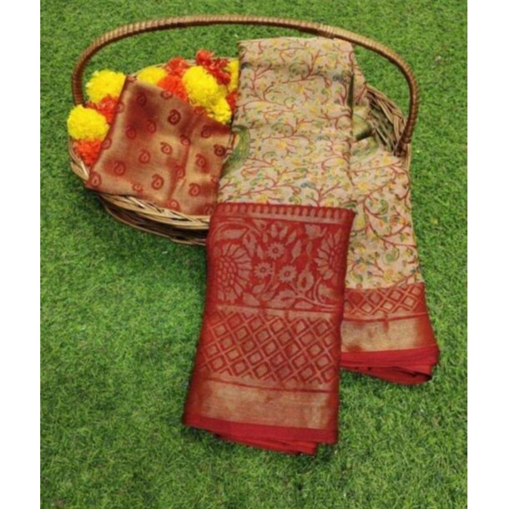 Women's Viscose Rayon Printed Saree With Unstitched Blouse (Red) - VANSHELLE