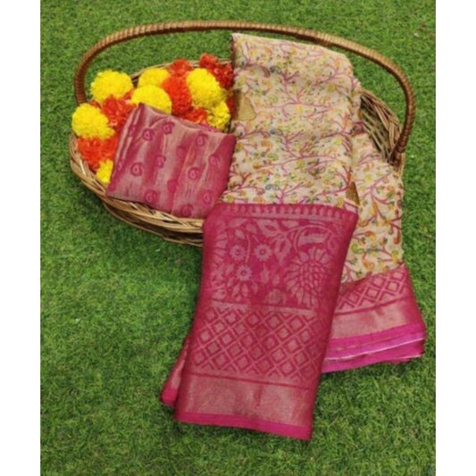 Women's Viscose Rayon Printed Saree With Unstitched Blouse (Pink) - VANSHELLE