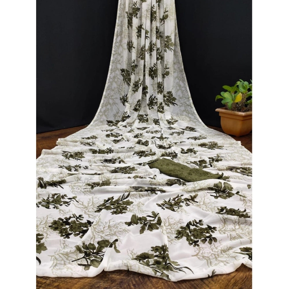 Women's Georgette Printed Saree With Unstitched Blouse (Green) - VANSHELLE