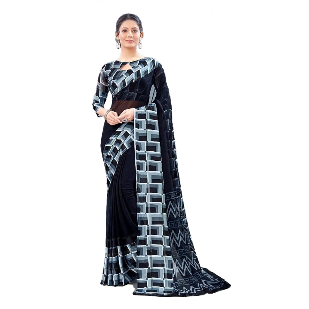 Women's Satin Patta Printed Saree With Unstitched Blouse (Black) - VANSHELLE