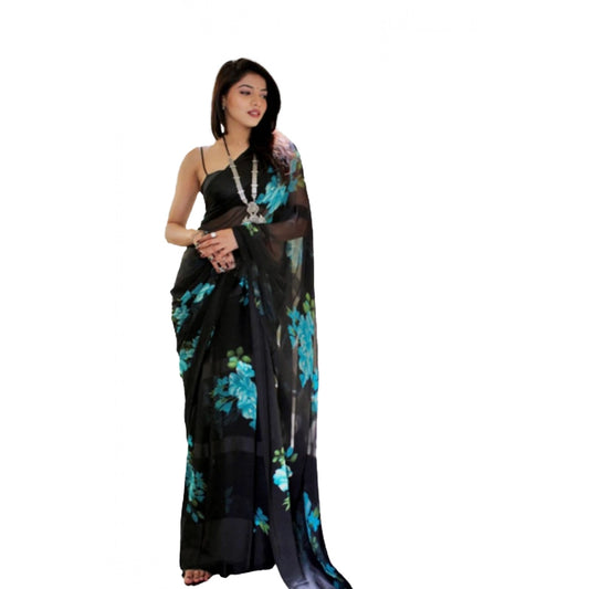 Women's Satin Patta Printed Saree With Unstitched Blouse (Blue) - VANSHELLE