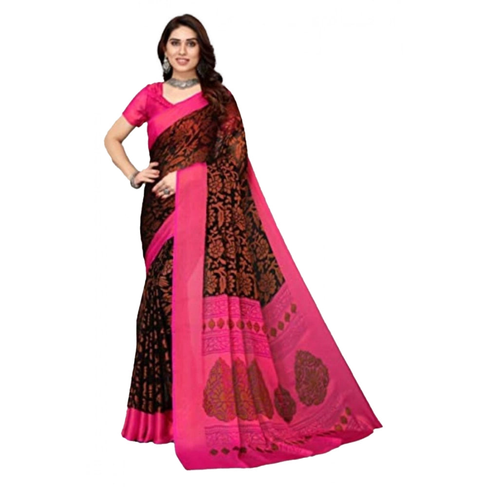 Women's Viscose Rayon Printed Saree With Unstitched Blouse (Black) - VANSHELLE