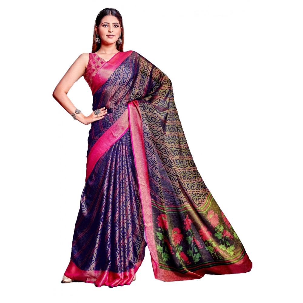 Women's Viscose Rayon Printed Saree With Unstitched Blouse (Navy Blue) - VANSHELLE