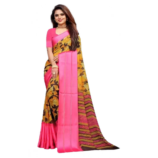 Women's Satin Patta Printed Saree With Unstitched Blouse (Pink) - VANSHELLE