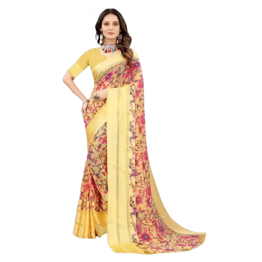 Women's Satin Patta Printed Saree With Unstitched Blouse (Yellow) - VANSHELLE