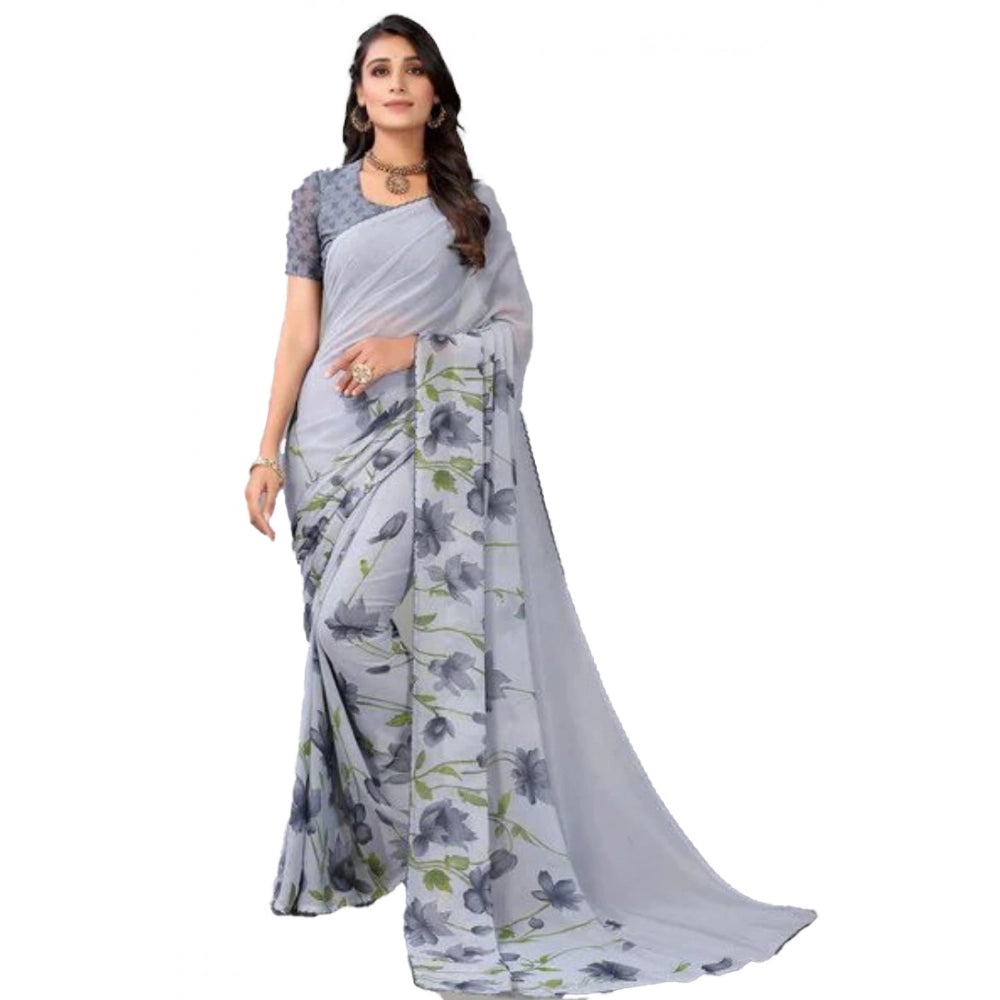Women's Georgette Printed Saree With Unstitched Blouse (Grey) - VANSHELLE