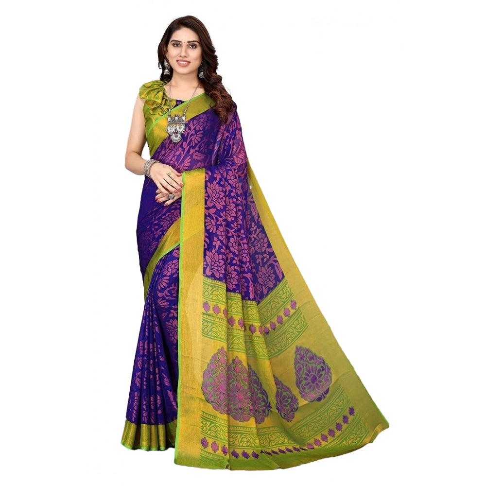 Women's Viscose Rayon Printed Saree With Unstitched Blouse (Blue) - VANSHELLE