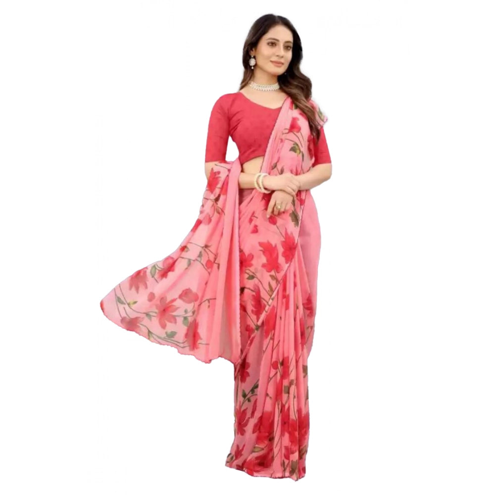 Women's Georgette Printed Saree With Unstitched Blouse (Red) - VANSHELLE