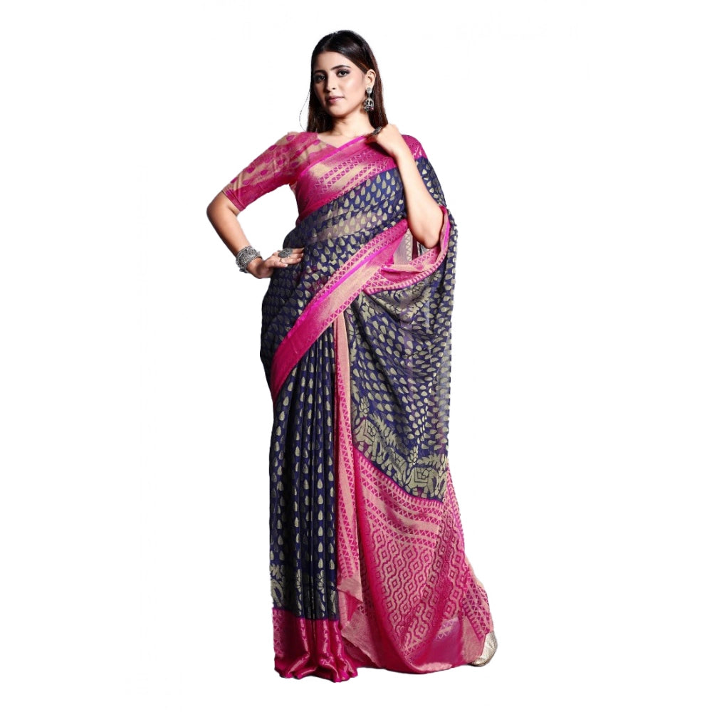 Women's Viscose Rayon Printed Saree With Unstitched Blouse (Navy Blue) - VANSHELLE