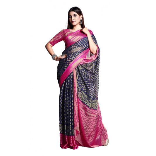 Women's Viscose Rayon Printed Saree With Unstitched Blouse (Navy Blue) - VANSHELLE
