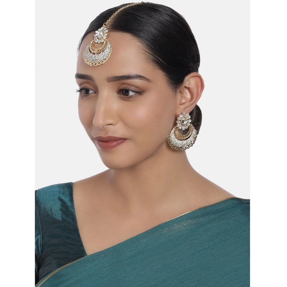 Women'S Rose Gold Plated Alloy Kundan Earrings &Amp; Mangtikka