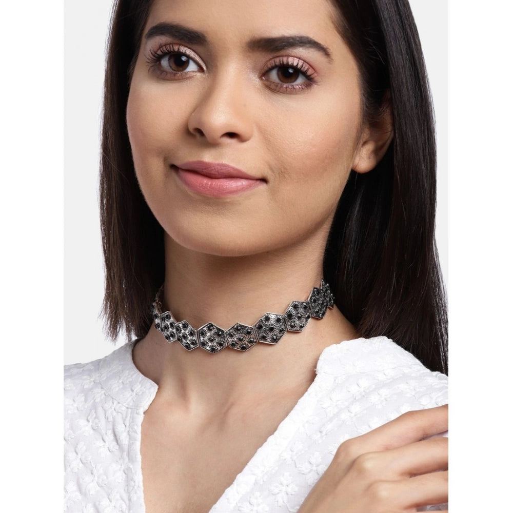 Women'S Rose Gold Plated Alloy Choker (Silver &Amp; Black)