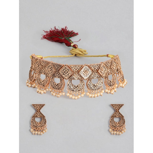 Women's Rose Gold Plated Alloy Necklace &amp; Earings Set (Gold)