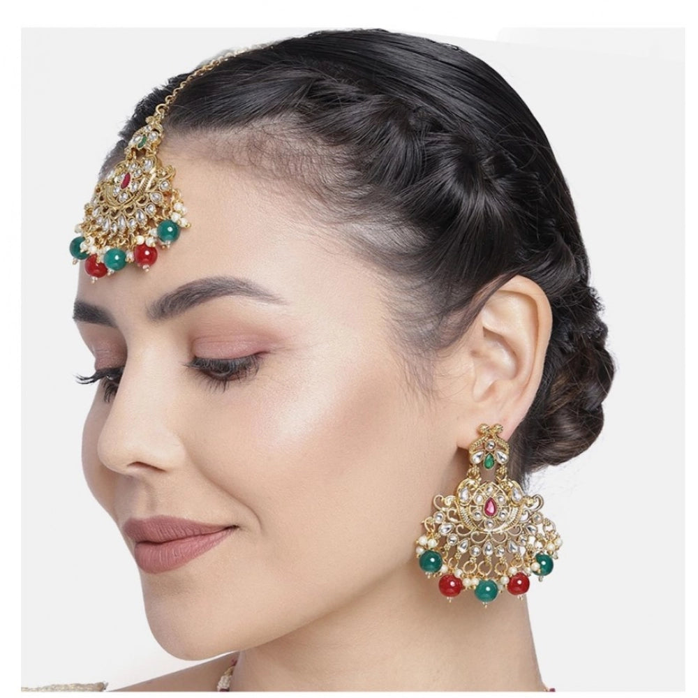 Women'S Rose Gold Plated Alloy Kundan Earrings &Amp; Mangtikka
