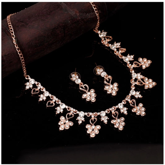 Women'S Rose Gold Plated Brass Necklace &Amp; Earings Set (Gol