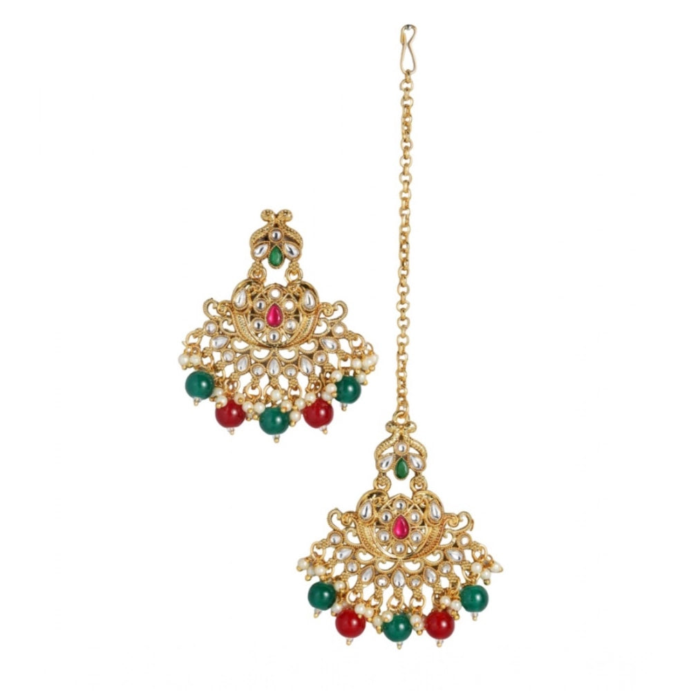 Women'S Rose Gold Plated Alloy Kundan Earrings &Amp; Mangtikka